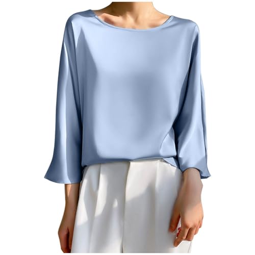 KQIVAM Damen Oberteile Damen-Bluse Aus Satin Sommer Elegant Schlicht Schlicht Pullover Mit Rundhalsausschnitt Hemden Oberteile Modische Halbarm-Tunika-Oberteile Lässige Lockere Arbeitsblusen T-Shir von KQIVAM