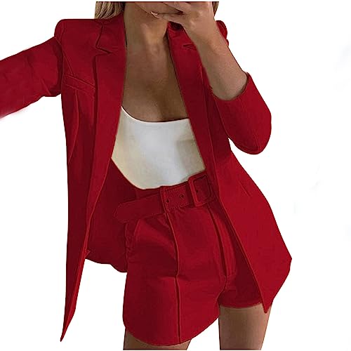 KQIVAM Damen Zweiteiliger Anzug Set Revers Business Büro Einfarbig Blazer Langarm Anzugjacke Hosenanzug Slim Shorts 2 Stück Anzugsets mit Gürtel Mode Outfit Sets Streetwear Freizeitanzug Anzug von KQIVAM