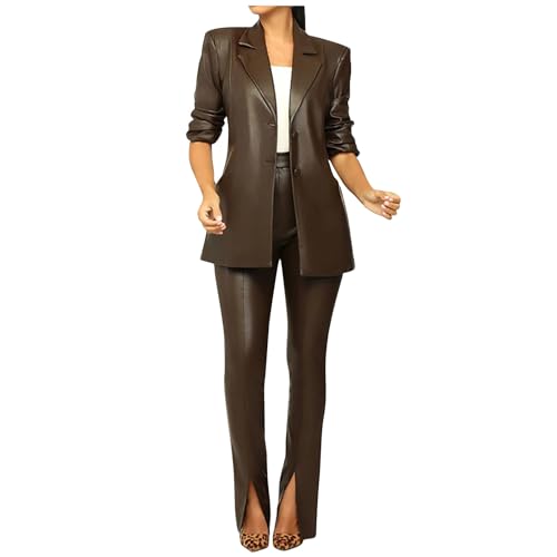 KQIVAM Damen Zweiteiliger Anzug Set Revers PU-Leder Business Büro Einfarbig Blazer Langarm Anzugjacke Hosenanzug Slim Hose 2 Stück Anzugsets Mode Outfit Sets Streetwear Freizeitanzug Anzug von KQIVAM