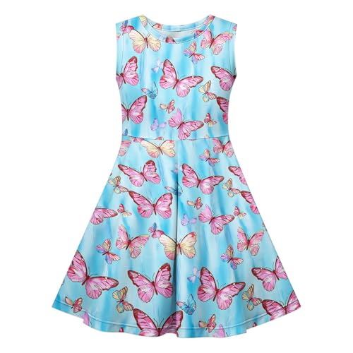 KQIVAM Kleid für Mädchen Ärmelloses Sommerkleid Kinder Rundhals A-Linie Swing Buntes Prinzessin Party Geburtstag Kleid Baumwolle Blumen Schmetterling Mädchenkleid 4-14 Jahre von KQIVAM