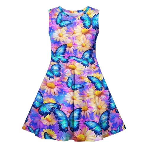 KQIVAM Kleid für Mädchen Ärmelloses Sommerkleid Kinder Rundhals A-Linie Swing Buntes Prinzessin Party Geburtstag Kleid Baumwolle Blumen Schmetterling Mädchenkleid 4-14 Jahre von KQIVAM