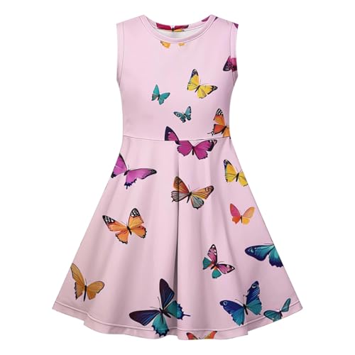 KQIVAM Kleid für Mädchen Ärmelloses Sommerkleid Kinder Rundhals A-Linie Swing Buntes Prinzessin Party Geburtstag Kleid Baumwolle Blumen Schmetterling Mädchenkleid 4-14 Jahre von KQIVAM
