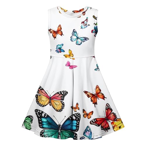 KQIVAM Kleid für Mädchen Ärmelloses Sommerkleid Kinder Rundhals A-Linie Swing Buntes Prinzessin Party Geburtstag Kleid Baumwolle Blumen Schmetterling Mädchenkleid 4-14 Jahre von KQIVAM