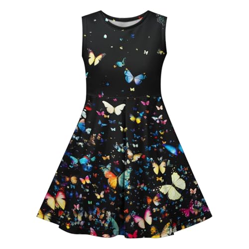 KQIVAM Kleid für Mädchen Ärmelloses Sommerkleid Kinder Rundhals A-Linie Swing Buntes Prinzessin Party Geburtstag Kleid Baumwolle Blumen Schmetterling Mädchenkleid 4-14 Jahre von KQIVAM