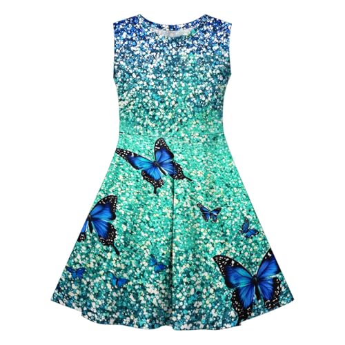 KQIVAM Kleid für Mädchen Ärmelloses Sommerkleid Kinder Rundhals A-Linie Swing Buntes Prinzessin Party Geburtstag Kleid Baumwolle Blumen Schmetterling Mädchenkleid 4-14 Jahre von KQIVAM