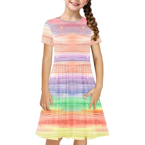 KQIVAM Kleider für Mädchen Kurzarm Tie-Dye Kleid Kinder A-Line Swing Kleid Rundhals Sommerkleid Knielang Baumwollekleid Festlich Partykleid Hochzeit Lässige Strandkleid Kinderkleidung 4-14 Jahre von KQIVAM