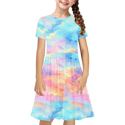 KQIVAM Kleider für Mädchen Kurzarm Tie-Dye Kleid Kinder A-Line Swing Kleid Rundhals Sommerkleid Knielang Baumwollekleid Festlich Partykleid Hochzeit Lässige Strandkleid Kinderkleidung 4-14 Jahre von KQIVAM