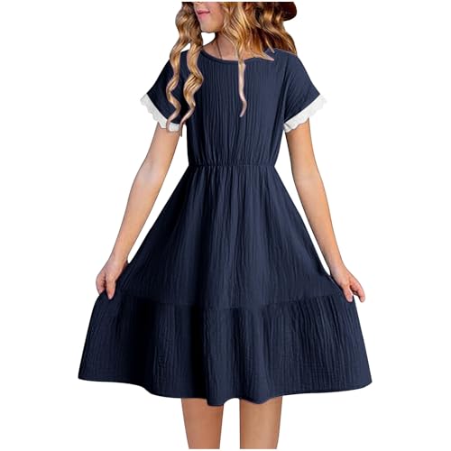 KQIVAM Kleider für Mädchen Lang Baumwolle Leinen Kleid Luftige Sommerkleid Freizeitkleid Strandkleid Einfarbig Casual Dress Girl Mädchenkleider für Kinder und Teenager 4-14 Jahre von KQIVAM