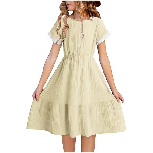 KQIVAM Kleider für Mädchen Lang Baumwolle Leinen Kleid Luftige Sommerkleid Freizeitkleid Strandkleid Einfarbig Casual Dress Girl Mädchenkleider für Kinder und Teenager 4-14 Jahre von KQIVAM