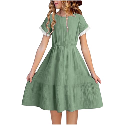 KQIVAM Kleider für Mädchen Lang Baumwolle Leinen Kleid Luftige Sommerkleid Freizeitkleid Strandkleid Einfarbig Casual Dress Girl Mädchenkleider für Kinder und Teenager 4-14 Jahre von KQIVAM