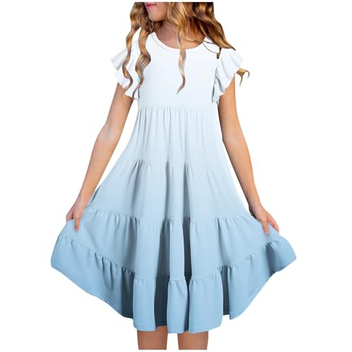 KQIVAM Kleider für Mädchen Sommer Kleid mit Taschen Rüschenärmel Farbverlauf Sommerkleid Knielang Mädchenkleider Freizeitkleid für Kinder und Teenager 6-15 Jahre Alt von KQIVAM