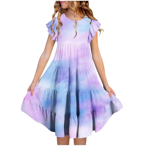 KQIVAM Kleider für Mädchen Sommer Kleid mit Taschen Rüschenärmel Farbverlauf Sommerkleid Knielang Mädchenkleider Freizeitkleid für Kinder und Teenager 6-15 Jahre Alt von KQIVAM