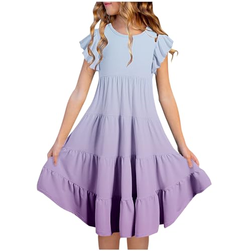 KQIVAM Kleider für Mädchen Sommer Kleid mit Taschen Rüschenärmel Farbverlauf Sommerkleid Knielang Mädchenkleider Freizeitkleid für Kinder und Teenager 6-15 Jahre Alt von KQIVAM