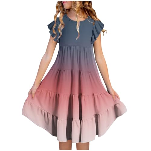 KQIVAM Kleider für Mädchen Sommer Kleid mit Taschen Rüschenärmel Farbverlauf Sommerkleid Knielang Mädchenkleider Freizeitkleid für Kinder und Teenager 6-15 Jahre von KQIVAM