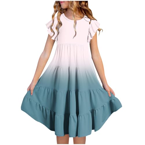 KQIVAM Kleider für Mädchen Sommer Kleid mit Taschen Rüschenärmel Farbverlauf Sommerkleid Knielang Mädchenkleider Freizeitkleid für Kinder und Teenager 6-15 Jahre von KQIVAM