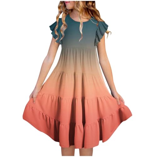 KQIVAM Kleider für Mädchen Sommer Kleid mit Taschen Rüschenärmel Farbverlauf Sommerkleid Knielang Mädchenkleider Freizeitkleid für Kinder und Teenager 6-15 Jahre von KQIVAM