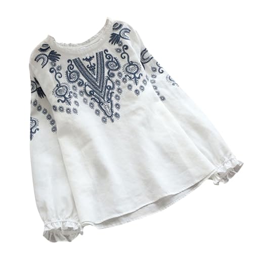 KQIVAM Leinenbluse Damen Sommer Musselin Tshirt Retro Große Größen Lang-Arm Oberteile mit Stickerei Muster Leinenhemd Baumwolle Leinen Lässig Tunika Locker Bluse Boho Tops Tuniken Sale Angebote von KQIVAM