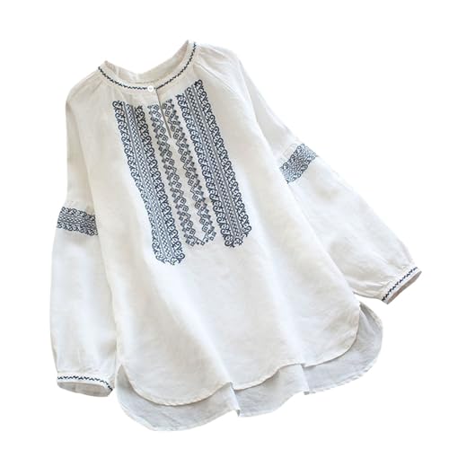 KQIVAM Leinenbluse Damen Sommer Musselin Tshirt Retro Große Größen Lang-Arm Oberteile mit Stickerei Muster Leinenhemd Baumwolle Leinen Lässig Tunika Locker Bluse Boho Tops Tuniken Sale Angebote von KQIVAM