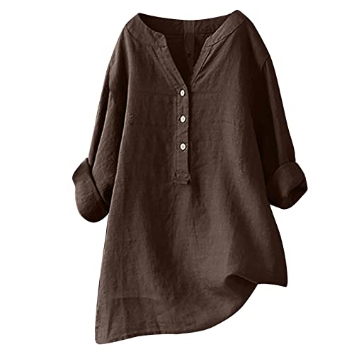 KQIVAM Longbluse Damen Sommer Button-Down Bluse Übergröße Musselin Bluse Damen Leinenbluse Atmungsaktive Tops Große Größen Frühling Tunika Lose Lässige Langarmshirts Kurzarmshirts von KQIVAM