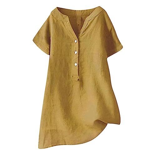 KQIVAM Longbluse Damen Sommer Button-Down Bluse Übergröße Musselin Bluse Damen Leinenbluse Atmungsaktive Tops Große Größen Frühling Tunika Lose Lässige Langarmshirts Kurzarmshirts von KQIVAM