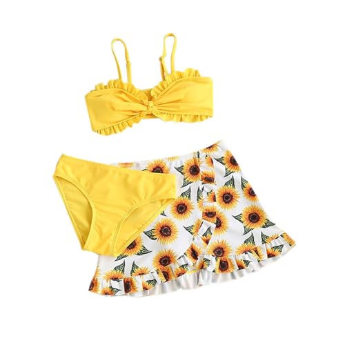 KQIVAM Mädchen Badeanzug 3-Teilig Bikini mit Rock/Shorts Set Blumen Bademode Sommer Schwimmanzug Badebekleidung Kinder und Teenager Badeanzüge für 3-16 Jahre von KQIVAM
