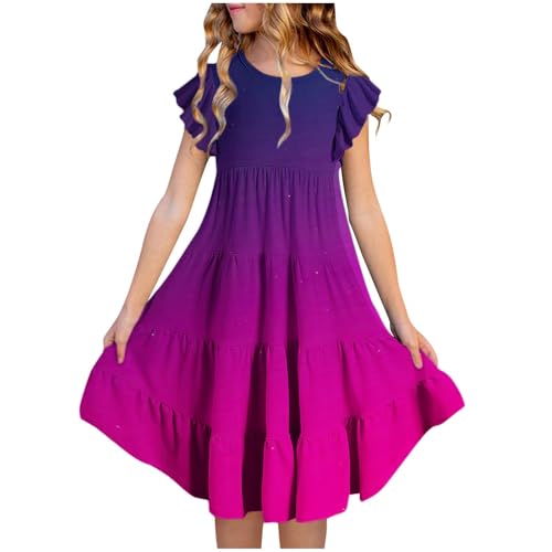 KQIVAM Mädchen Baumwolle Sternenhimmel Farbverlauf Fliegender Ärmel Kleider Sommer Freizeit Kurzarm Knielang Kleid Kurzarm Sommerkleid Strandkleid Mädchenkleid 6-15 Jahre von KQIVAM