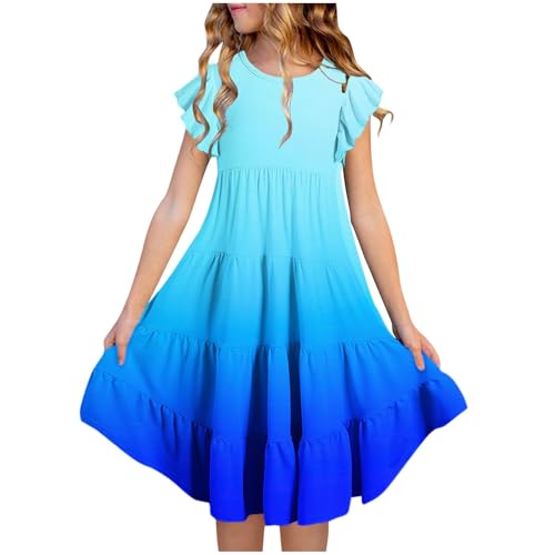 KQIVAM Mädchen Baumwolle Sternenhimmel Farbverlauf Fliegender Ärmel Kleider Sommer Freizeit Kurzarm Knielang Kleid Kurzarm Sommerkleid Strandkleid Mädchenkleid 6-15 Jahre von KQIVAM