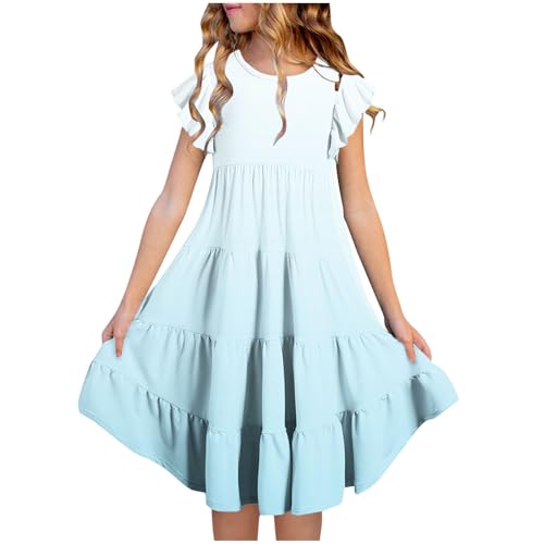KQIVAM Mädchen Baumwolle Sternenhimmel Farbverlauf Fliegender Ärmel Kleider Sommer Freizeit Kurzarm Knielang Kleid Kurzarm Sommerkleid Strandkleid Mädchenkleid 6-15 Jahre von KQIVAM