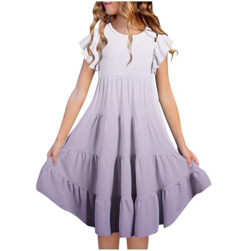 KQIVAM Mädchen Baumwolle Sternenhimmel Farbverlauf Fliegender Ärmel Kleider Sommer Freizeit Kurzarm Knielang Kleid Kurzarm Sommerkleid Strandkleid Mädchenkleid 6-15 Jahre von KQIVAM
