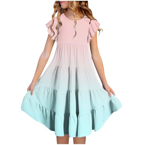 KQIVAM Mädchen Baumwolle Sternenhimmel Farbverlauf Fliegender Ärmel Kleider Sommer Freizeit Kurzarm Knielang Kleid Kurzarm Sommerkleid Strandkleid Mädchenkleid 6-15 Jahre von KQIVAM