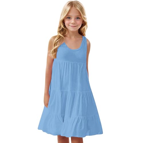 KQIVAM Mädchen Kleider Ärmellos Atmungsaktive Kleid Leichte Sommerkleid Freizeitkleid Strandkleid Casual Dress Girl Freizeit Mädchenkleider für Kinder 4-14 Jahre von KQIVAM