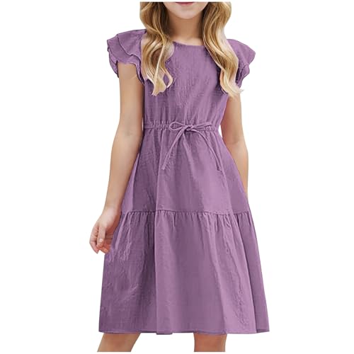 KQIVAM Mädchen Kleider Rüschenärmel Sommerkleid Baumwolle und Leinen Einfarbig Kinderkleid Elegante A Linie Partykleid Kinder Festlicheskleid mit Gürtel 4-14 Jahre von KQIVAM
