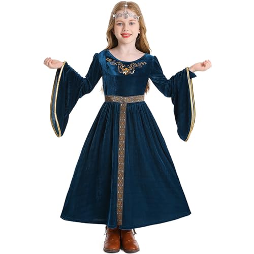 KQIVAM Mädchen Samt Mittelalter Renaissance Kleid Langarm Partykleid Kinder Langarm Hexen Kleid Halloween Fasching Mottoparty Maxikleid Ballkleid Festkleid Abendkleid Tanzkleidung von KQIVAM