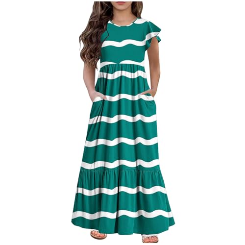 KQIVAM Mädchen Sommerkleid mit Mode Druck Rundhalsausschnitt Rüschenkleider Casual A Line Kleid Flowy Knielang Lang Partykleid Elegant Langes Abendkleid Strandkleid Mädchenkleid 6-12 Jahre von KQIVAM