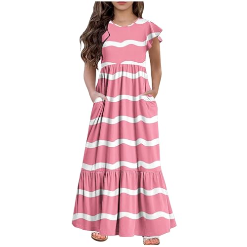 KQIVAM Mädchen Sommerkleid mit Mode Druck Rundhalsausschnitt Rüschenkleider Casual A Line Kleid Flowy Knielang Lang Partykleid Elegant Langes Abendkleid Strandkleid Mädchenkleid 6-12 Jahre von KQIVAM