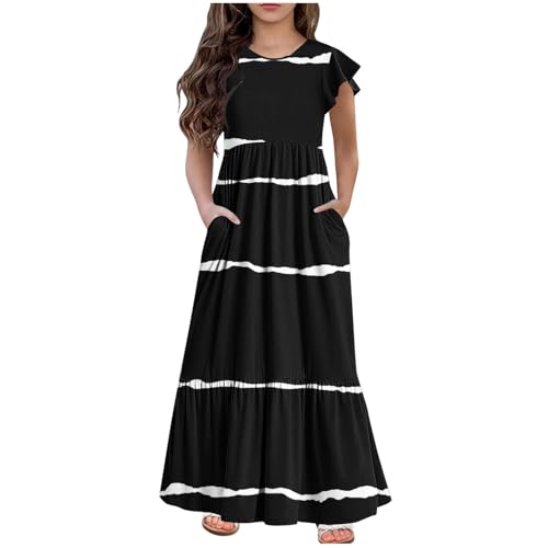KQIVAM Mädchen Sommerkleid mit Mode Druck Rundhalsausschnitt Rüschenkleider Casual A Line Kleid Flowy Knielang Lang Partykleid Elegant Langes Abendkleid Strandkleid Mädchenkleid 6-12 Jahre von KQIVAM