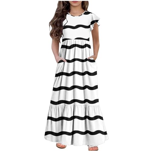 KQIVAM Mädchen Sommerkleid mit Mode Druck Rundhalsausschnitt Rüschenkleider Casual A Line Kleid Flowy Knielang Lang Partykleid Elegant Langes Abendkleid Strandkleid Mädchenkleid 6-12 Jahre von KQIVAM
