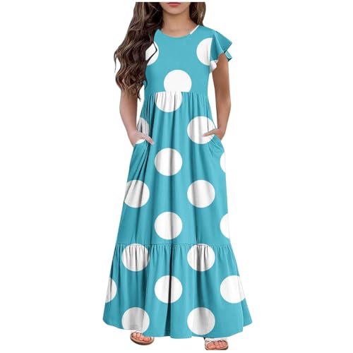 KQIVAM Mädchen Sommerkleid mit Mode Druck Rundhalsausschnitt Rüschenkleider Casual A Line Kleid Flowy Knielang Lang Partykleid Elegant Langes Abendkleid Strandkleid Mädchenkleid 6-12 Jahre von KQIVAM