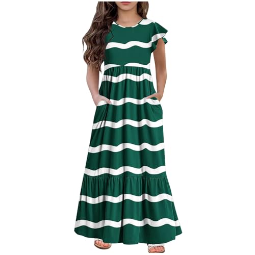KQIVAM Mädchen Sommerkleid mit Mode Druck Rundhalsausschnitt Rüschenkleider Casual A Line Kleid Flowy Knielang Lang Partykleid Elegant Langes Abendkleid Strandkleid Mädchenkleid 6-12 Jahre von KQIVAM