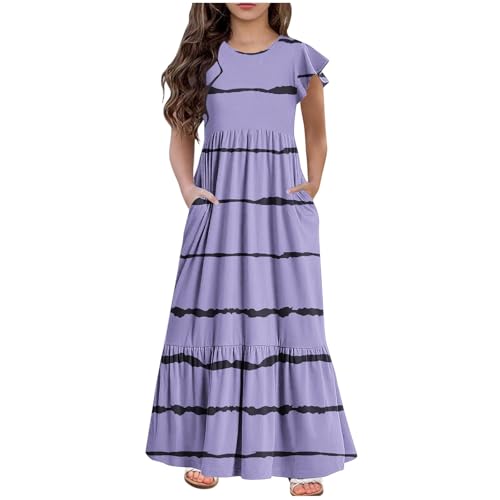 KQIVAM Mädchen Sommerkleid mit Mode Druck Rundhalsausschnitt Rüschenkleider Casual A Line Kleid Flowy Knielang Lang Partykleid Elegant Langes Abendkleid Strandkleid Mädchenkleid 6-12 Jahre von KQIVAM
