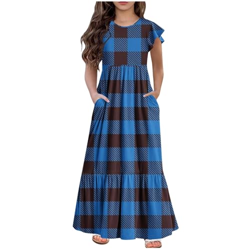 KQIVAM Mädchen Sommerkleid mit Mode Druck Rundhalsausschnitt Rüschenkleider Casual A Line Kleid Flowy Knielang Lang Partykleid Elegant Langes Abendkleid Strandkleid Mädchenkleid 6-12 Jahre von KQIVAM
