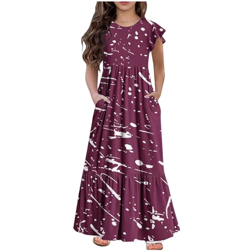 KQIVAM Mädchen Sommerkleid mit Mode Druck Rundhalsausschnitt Rüschenkleider Casual A Line Kleid Flowy Knielang Lang Partykleid Elegant Langes Abendkleid Strandkleid Mädchenkleid 6-12 Jahre von KQIVAM