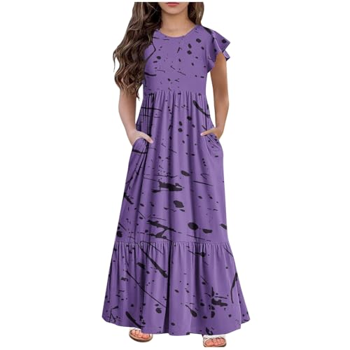 KQIVAM Mädchen Sommerkleid mit Mode Druck Rundhalsausschnitt Rüschenkleider Casual A Line Kleid Flowy Knielang Lang Partykleid Elegant Langes Abendkleid Strandkleid Mädchenkleid 6-12 Jahre von KQIVAM