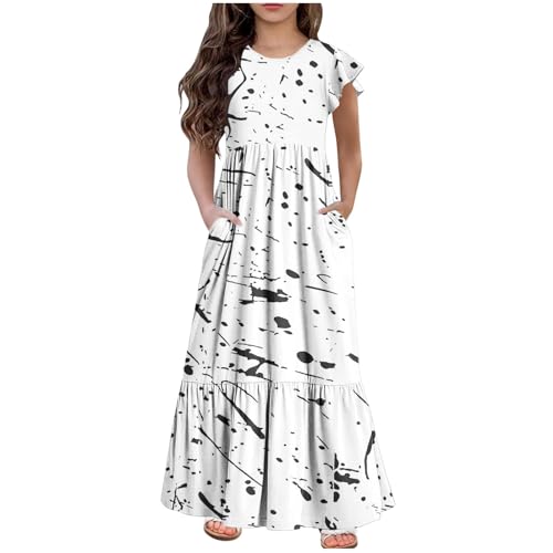 KQIVAM Mädchen Sommerkleid mit Mode Druck Rundhalsausschnitt Rüschenkleider Casual A Line Kleid Flowy Knielang Lang Partykleid Elegant Langes Abendkleid Strandkleid Mädchenkleid 6-12 Jahre von KQIVAM