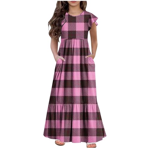 KQIVAM Mädchen Sommerkleid mit Mode Druck Rundhalsausschnitt Rüschenkleider Casual A Line Kleid Flowy Knielang Lang Partykleid Elegant Langes Abendkleid Strandkleid Mädchenkleid 6-12 Jahre von KQIVAM