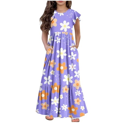 KQIVAM Mädchenkleider Sommer Fliegender Ärmel Kleid Rundhals Kleid mit Niedlicher Druck Kinder Langes Freizeitkleid Buntes Sundress Freizeitkleid Strandkleid Sommerkleid für Teenager 6-12 Jahre von KQIVAM