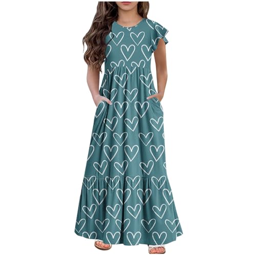KQIVAM Mädchenkleider Sommer Fliegender Ärmel Kleid Rundhals Kleid mit Niedlicher Druck Kinder Langes Freizeitkleid Buntes Sundress Freizeitkleid Strandkleid Sommerkleid für Teenager 6-12 Jahre von KQIVAM