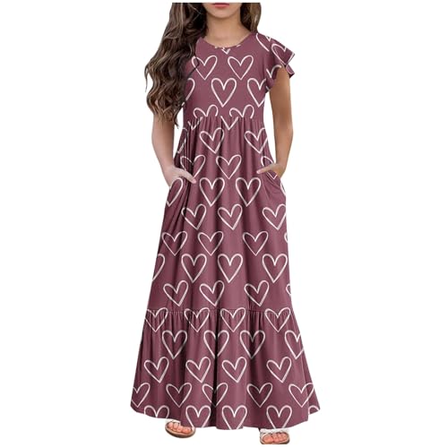 KQIVAM Mädchenkleider Sommer Fliegender Ärmel Kleid Rundhals Kleid mit Niedlicher Druck Kinder Langes Freizeitkleid Buntes Sundress Freizeitkleid Strandkleid Sommerkleid für Teenager 6-12 Jahre von KQIVAM