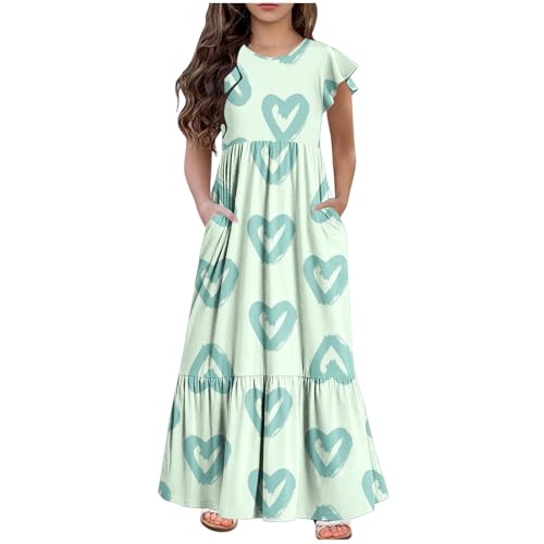KQIVAM Mädchenkleider Sommer Fliegender Ärmel Kleid Rundhals Kleid mit Niedlicher Druck Kinder Langes Freizeitkleid Buntes Sundress Freizeitkleid Strandkleid Sommerkleid für Teenager 6-12 Jahre von KQIVAM