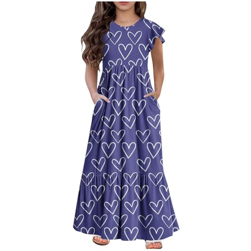 KQIVAM Mädchenkleider Sommer Fliegender Ärmel Kleid Rundhals Kleid mit Niedlicher Druck Kinder Langes Freizeitkleid Buntes Sundress Freizeitkleid Strandkleid Sommerkleid für Teenager 6-12 Jahre von KQIVAM